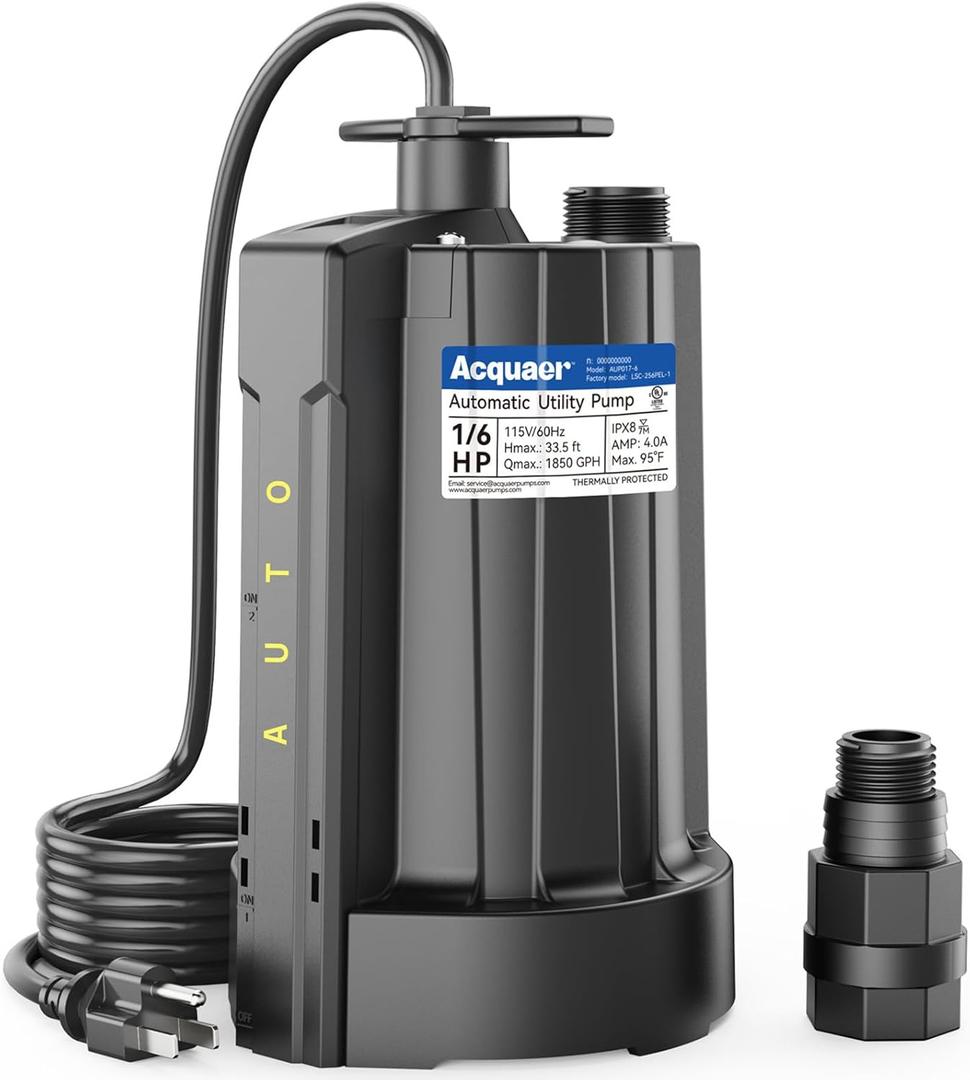 Acquaer 1/6 HP Automatic Submersible Water Pump, 115V Sump Pump with 3/4 Garden Hose Check Valve Adapter,1850 GPH High Flow Water Removal for Swimming Pool Cover Hot Tubs Flooded House Basement