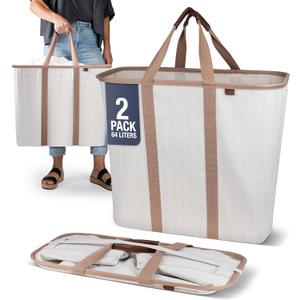 CleverMade Collapsible Laundry Caddy Foldable Laundry Hamper & Tote, XXL 64L Pop-Up Laundry Basket with Handles, Space-Saving Laundry Organizer for Home & Travel, 2 Pack - LUXE Cream Herringbone