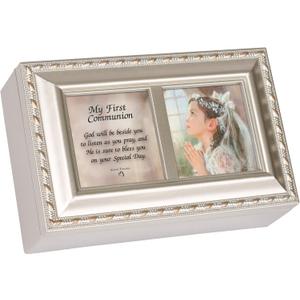 Cottage Garden First Communion God Beside You Brushed Silvertone Jewelry Music Box Plays Amazing Grace
