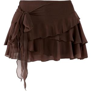 SOFIA'S CHOICE Women Mesh Ruffle Mini Skirt Summer Flowy Tiered Layered Pleated Skirts with Built in Shorts (Brown, S)