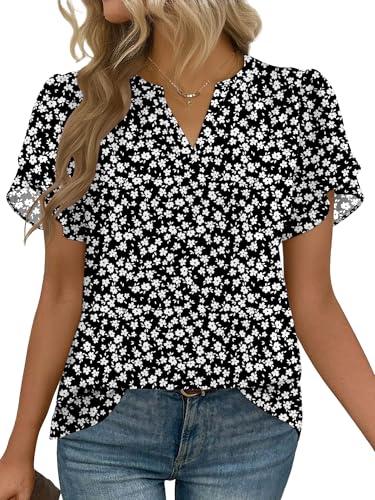 Zeagoo Womens Short Sleeve Tops Dressy Summer Casual Shirts Black Floral 2XL