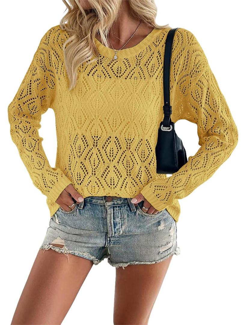 Allimy Light Sweaters for Women Summer Trendy 2026 Lightweight Cute Crew Neck Crochet Knit Thin Pullover Boho Beach Sweater Casual Long Sleeve Tops Shirts Fall Outfits Yellow S (Gold)