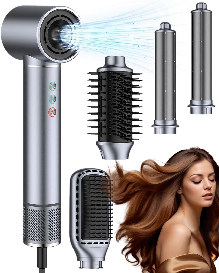 5 in 1 Hot air Blow Dryer Brush Hair Dryer Curling Wand Volumizing Brush Straightening Brush Blow Dryer Brush - Rapid Drying, Volume Boost, Ionic Smoothing, 110k RPM MotorSteel Blue