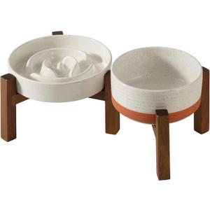 Havniva Elevated Slow Feeder Dog Bowls, 1.2 Cups/7.3 inch Slow Feeders + 6.1 inch Ceramic Dog Food & Water Bowls Set with Acacia Wood Stand Puzzle Bowls for Fast Eater, Small Dogs Anti-Choking