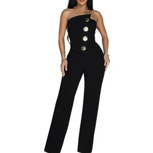 Molilove Womens Jumpsuit Casual Off Shoulder Sleeveless Tube Top Wide Leg Pants Romper Fall Asymmetricial One Piece Outfits (Medium, Black)
