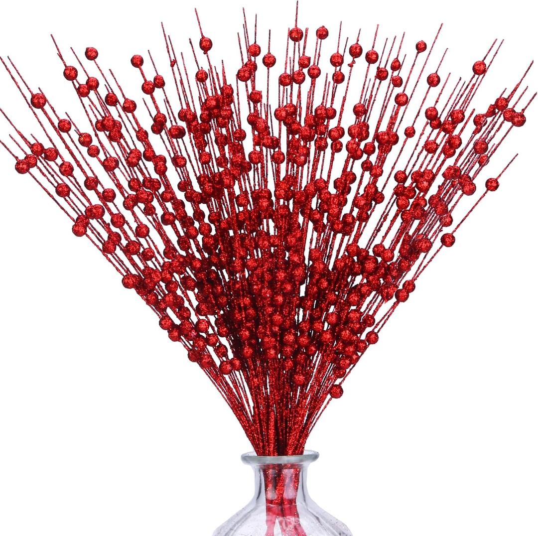 efivs arts 10 Pack Red Artificial Glitter Berry Stems 15.7" Fake Christmas Picks Decorative Glitter Sticks for Christmas Tree DIY Wreath Crafts Fireplace Decor