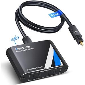 NEWCARE Digital Optical Splitter 1 in 2 Out,SPDIF Toslink Optical Audio Cable Splitter 1x2 Support LPCM2.0 Doldy Digital & DTS 5.1 for Xbox,PS4,PS5,DVD,TV Box,Home Theatre, Receiver,Sound Bar