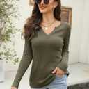 Women's V Neck Waffle Knit Henley Tops Casual Long Sleeve Pullover Sweater Blouses (S)