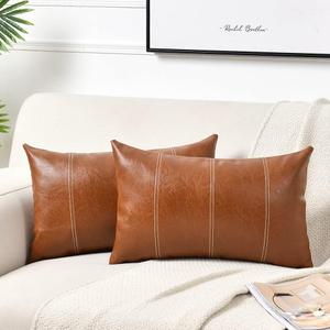 Fancy Homi 2 Packs Brown Boho Lumbar Faux Leather Decorative Throw Pillow Covers 12x20 Inch for Living Room Couch Bed Sofa, Hand Stitched Rectangle Cushion Case, Rustic Modern Farmhouse Home Decor 