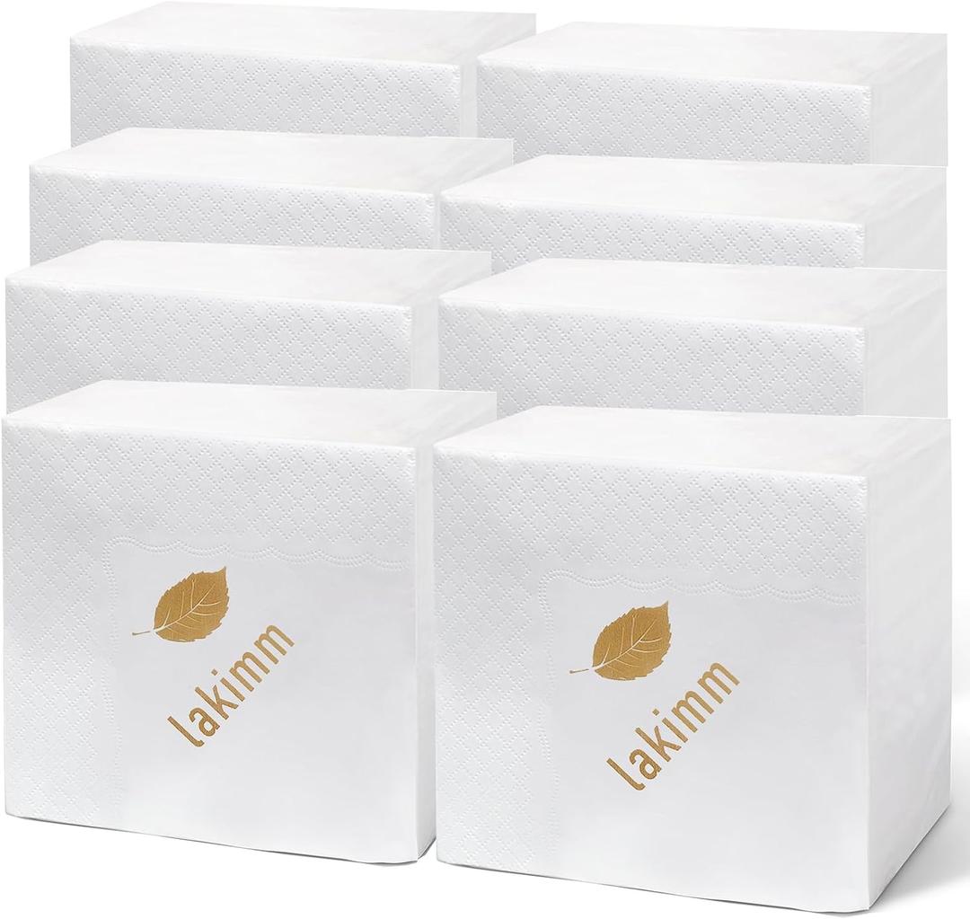 [400 Count - 5 x 5 Inch Folded] Fashion Cocktail Napkins, Dessert, Beverage Disposable Napkins, 3-Ply, Bulk White Napkins, Wedding, Bar, Restaurant or Party Napkins - 10x10 Inch Unfolded (Gold)