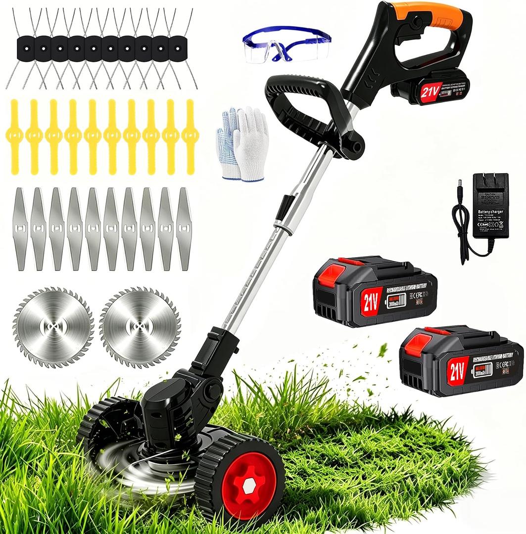Electric Weed Wacker Cordless with Wheels,21V Lightweight Electric Weed Eater Battery Powered,4 in 1 Grass Trimmer/Brush Cutter/Lawn Edger/Lawn Mower,No String Trimmer Battery Operated for Garden Yard, 35 inches