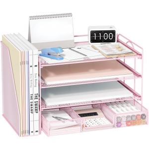 Desktop Organizers and Accessories - Paper Letter Tray Organizer with Removable File Holder+ Drawer, Office Desktop Workspace File Organizer for Office Supplies Desk Accessories (Pink)