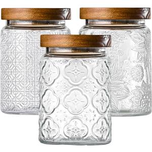 3-Pack 24oz Glass Jar With Airtight Lid,Kitchen Canisters For Countertop,Coffee Sugar Container Set,Pantry Glass Storage Containers For Flour,Candy,Loose Tea,Snack, mason jars (Sunflower/Bigonia/window-25oz)