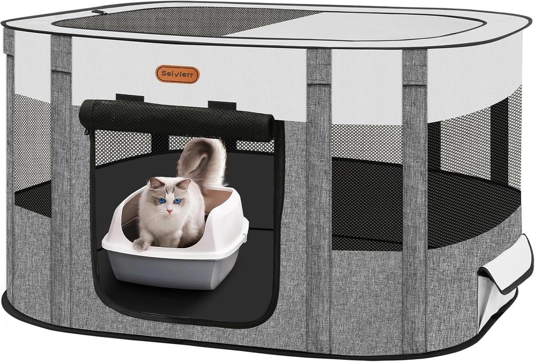 Foldable Pet Playpen - Cat & Puppy Playpen, Travel Dog Crate with Carrying Case, Cat Tent Dog Pen for Outdoor Camping Use (Grey)