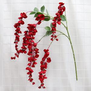 97cm Wall Hanging Flower String Artificial Flower Wisteria Wedding Backdrop Flower Arrangement Fake Plants Vine Home Decoration (Color : Red)