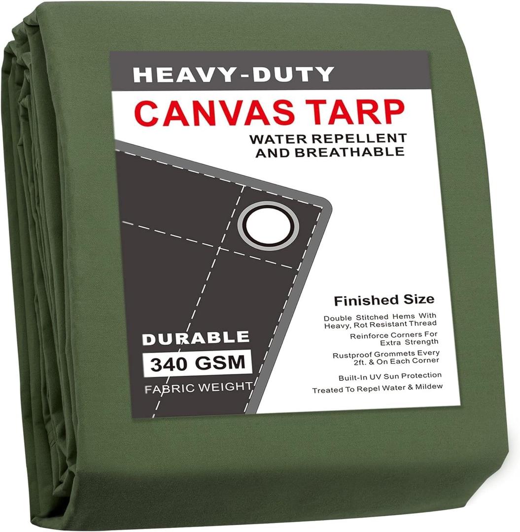 CARTMAN Finished Size 20x20 Feet Canvas Tarp with Rustproof Grommets, Heavy Duty Multipurpose Tarpaulin Cover for Canopy Tent, Roof, Camping, Woodpile (Olive Green)