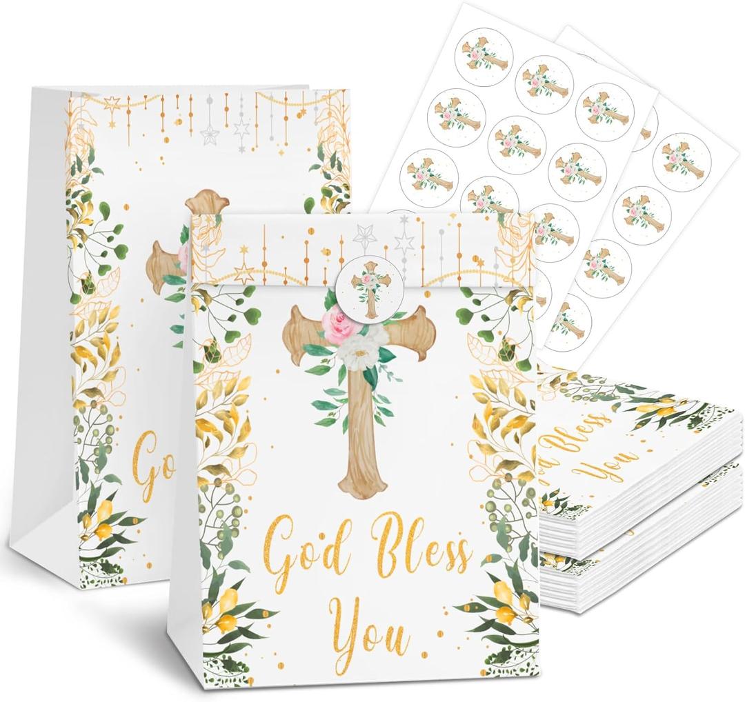 White Gold Floral Party Favor Bag - 24pcs Christmas Goodie Bag for Gold Crosses for Newborn Baptism Church Party Decorations for Baby Shower Communion Baptism Bread Cookie Snack Bags (6  3.14  8.3 inch) (religion)
