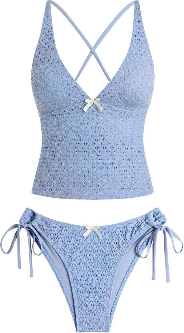 ZAFUL Women's Tankini Set V Neck Tummy Control Floral Printed Tie Side Thong Bikini Swimsuits 2 Piece Bathing Suits(A-Blue, XL)