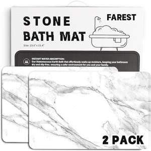 2 Pack Stone Bath Mat - Diatomaceous Earth Bath Mat Fast-Drying Stone Drying Mat Super Absorbent Diatomite Mats for Bathroom, Dish Drying, Bathtub (White Marble)