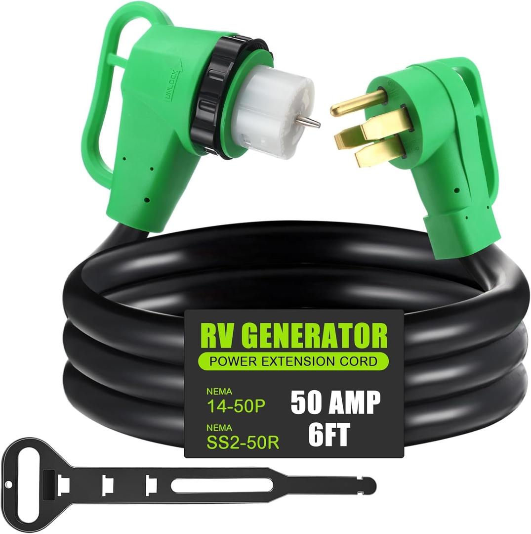 Kanayu 6 FT 50 Amp NEMA 14-50P to SS2-50R RV Generator Cord Extension Cord with 90 Degree Locking Grip Handle, RV Power Cable with Locking Connector, Heavy Duty STW Wire with Organizer