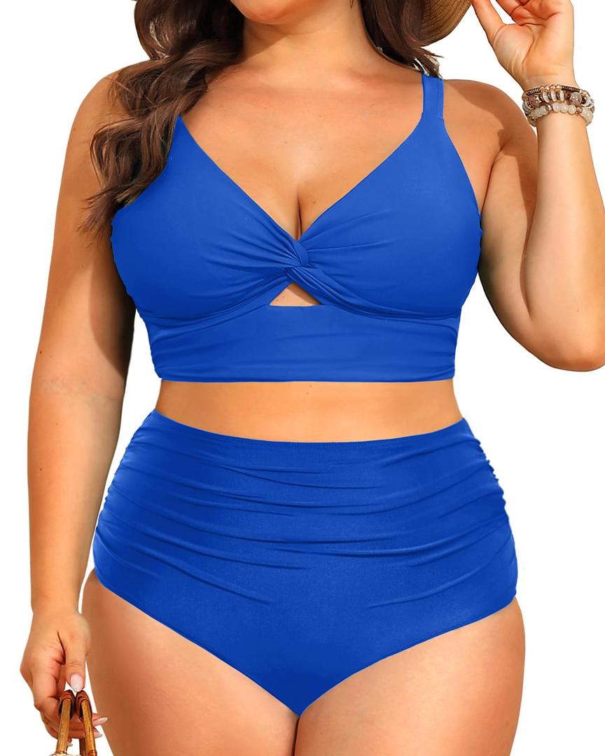 Daci Plus Size Two Piece Swimsuits - Women High Waisted Bikini Tummy Control Bathing Suits Knot Twist Swimwear 2025 (Royal Blue, 20 Plus)