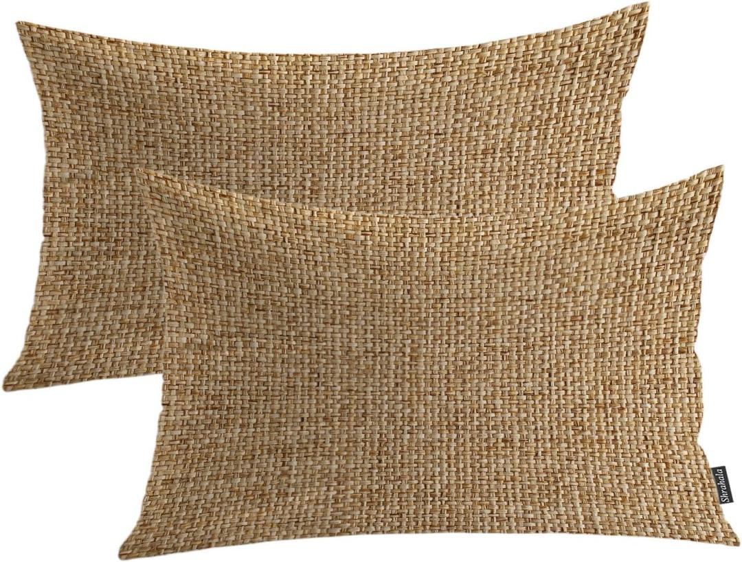 Shrahala Imitation Yellow Linen Texture Jute Pattern Decorative Throw Pillow Cover, Jute Woven Texture Lumbar Pillowcase Blended Double-Sided No Inserts for Bedroom Living Room Set of 2 (12 x 20 in)