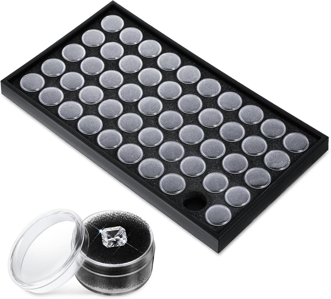 50 Gem Display Case Small Round Plastic Containers Box Display Cases Gemstone Storage Box Jewelry Organizer with Foam for Collectibles Rhinestone Crystal Charms Beads Jewelry Small Items Display