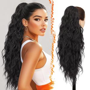 BARSDAR Black Brown Drawstring Ponytail Extensions - 26 Inch Long Curly Wavy Ponytail Hair Extensions for Women, Synthetic Drawstring Clip in Pony Tails Hairpieces Daily - Black Brown