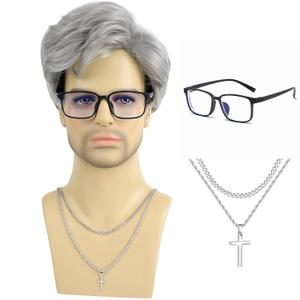 Men's Short Wig with Blue Light Glasses & Cross Necklace  Realistic Synthetic Hair with Natural Look Hairstyle for Daily Wear, Cosplay & Costume (Gray)