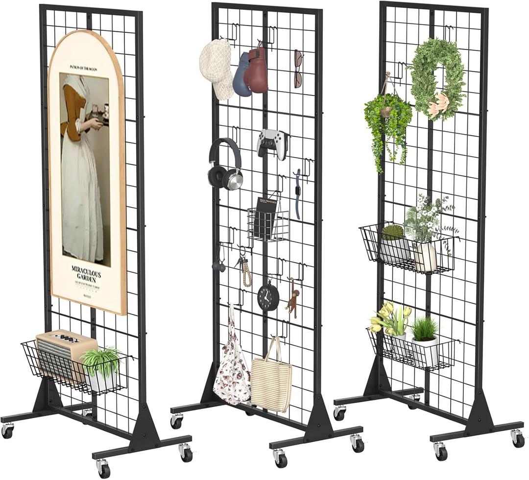 Gridwall Panel Display Stand 2.1' x 5.5' Ft, Heavy Movable Floorstanding Detachable Girdwall for Easy Transport, Standing Grid Tower with Extra Hooks, Display Rack for Retail and Craft Fair-3 Pack