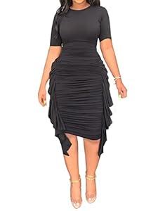 Hoefirm Women's Sexy Midi Dress Casual Crew Neck Short Sleeve Ruched Bodycon Summer Dresses for Party Club Cocktail (Small, Green)