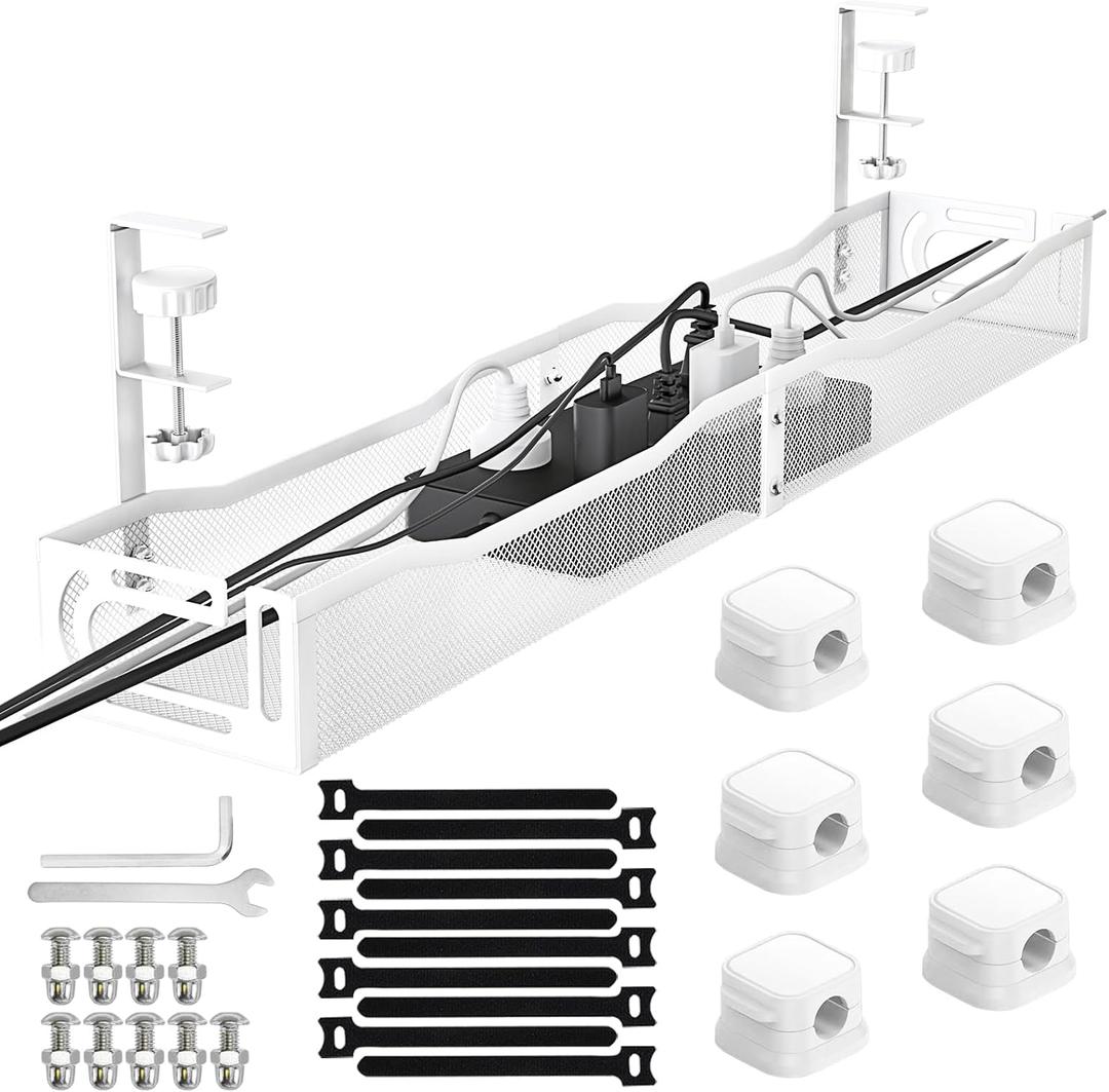No Drill Under Desk Cable Management Tray, SONATURE 25.3" Cord Organizer for Table, Clamp Mount Desk Cable Management, Premium Carbon Steel Cable Organizer for Office, Home (White)