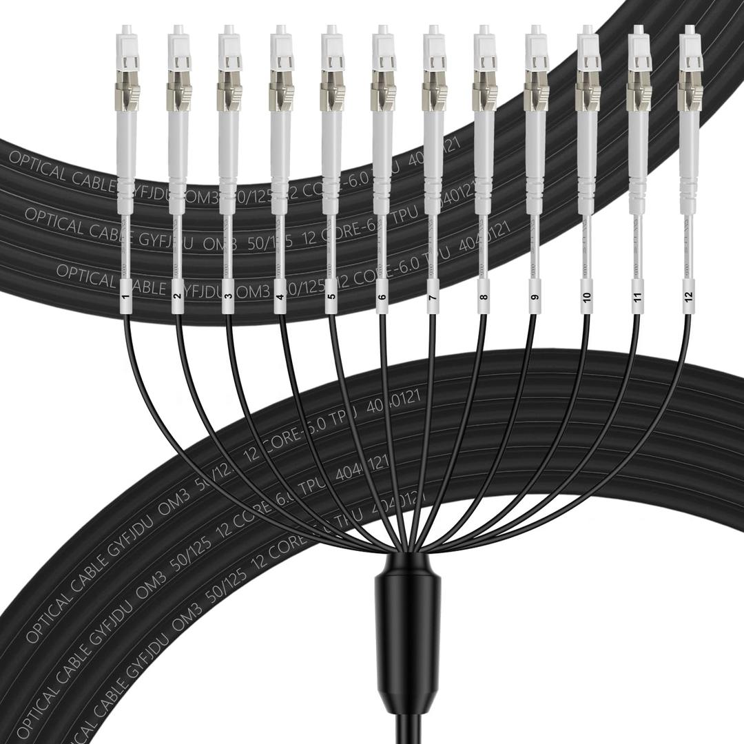 FLYPROFiber- 12 Fiber Industrial TPU OM3 LC to LC Outdoor Armored Fiber Optic Cable, OM3 Fiber 12 Strands Multimode Fiber Patch Cable 10GB/40GB, Direct Burial 50/125um, OD-5mm,100m/328ft