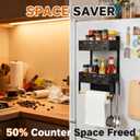 2-in-1 Magnetic Spice Rack & Paper Towel Holder for Fridge - 4 Hooks Kitchen Space Saver, Black Fridge Magnet Organizer