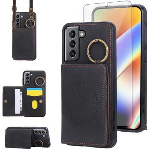 Compatible with Samsung Galaxy S22 5G Wallet Case and Screen Protector Crossbody Shoulder Strap Ring Buckle Stand Card Holder Magnetic Car Mount Phone Cover for S 22 22S 4G G5 6.1 inch Women Men Black