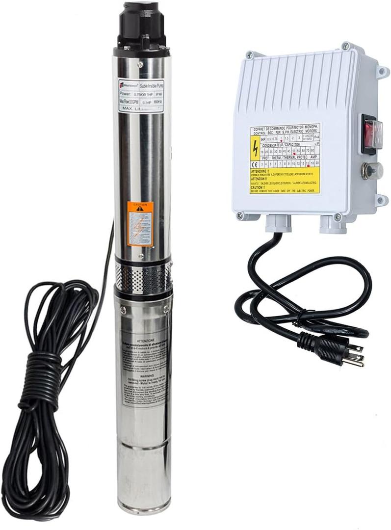 iMeshbean Deep Well Submersible Pump with External Control Box, 1 HP, 115V, 60 Hz, 33 GPM, 305FT Max Head,100FT Power Cord Stainless Steel, 4",Long Life M#010 USA