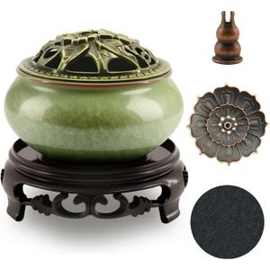 Ceramic Incense Burner with Lotus Incense Holder, Multi-Functional Incense Burner Holder for Incense Sticks, Coil Incense and Cones, Perfect Home Decor (Green)