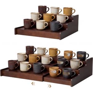 Novabright 1 Pcs 3-Tier Expandable Mug Holder Cabinet,Walnut Wood Color | 12.4"-24" Adjustable Width, Coffee Display Shelf, Countertop and Pantry Storage, No Assembly, Space Saving Organizer