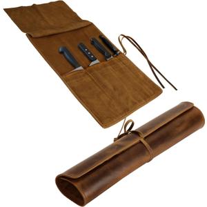 ELIZO Leather Knife Roll Bag Professional Chef Knife Case, Durable Knife Sheath Holder, Cooks & Culinary Tools Carrying Storage, Portable Knife Wrap - 4 Slots