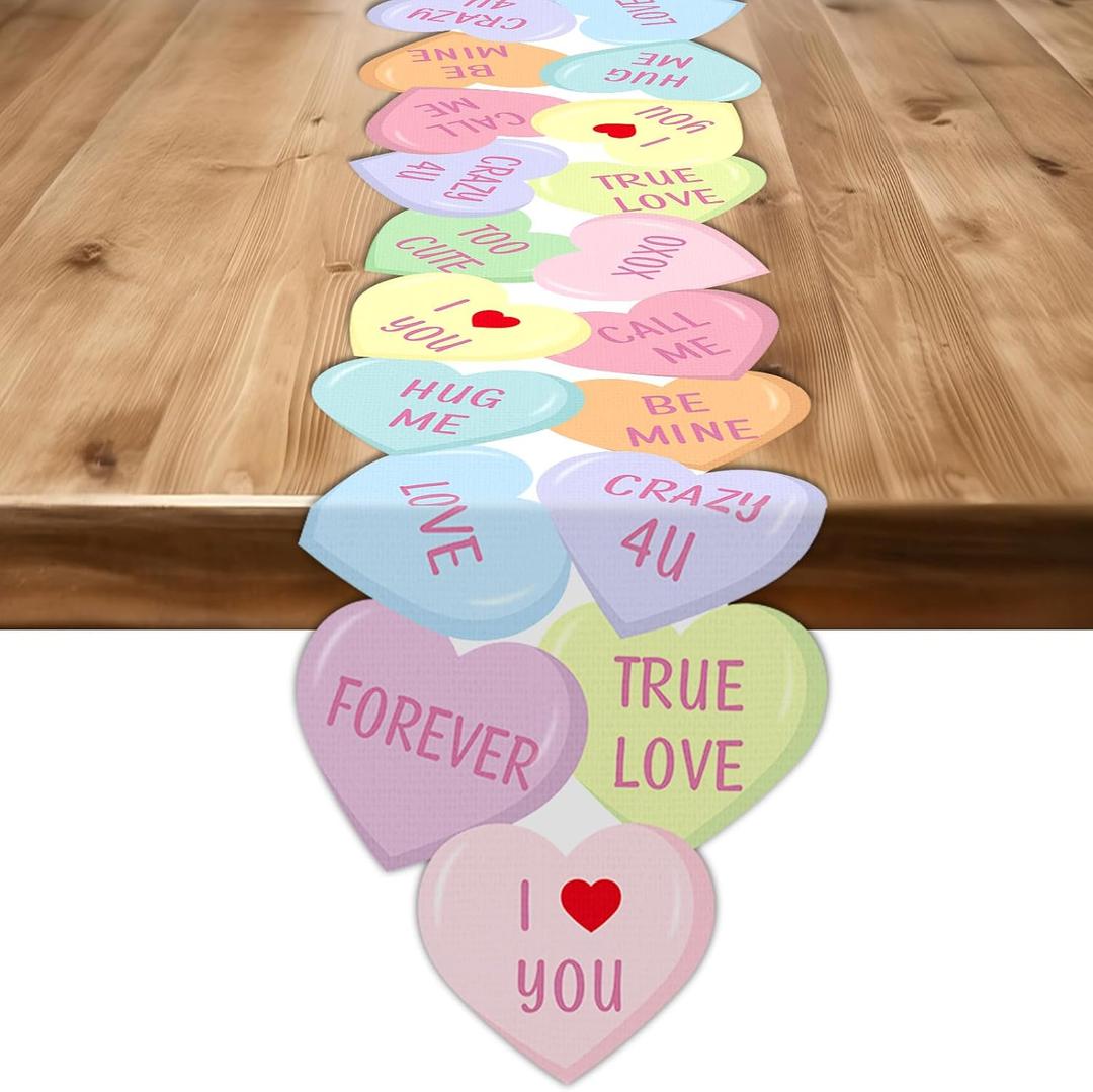 Valentine Table Runner Colorful Love Heart 72x13inch Conversation Candy Heart Valentines Table Runner Cover Kitchen Dining Decor for Wedding Engagement Anniversary Home Party Decoration
