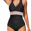 Smismivo Halter Swimsuits for Women Tummy Control One Piece Bathing Suit Modest Ruched Color Block Slimming V Neck Swimwear Size XXL