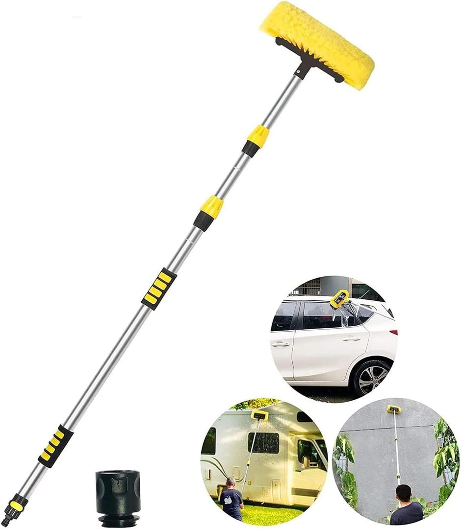 Buyplus 5-12 Foot (20 ft Reach) Car Wash Brush with 12-Inch Soft Bristle, On/Off Switch Telescopic Car Truck Boat Washing Brush with Hose Attachment for Cleaning RVs, House Siding, Floors and More!