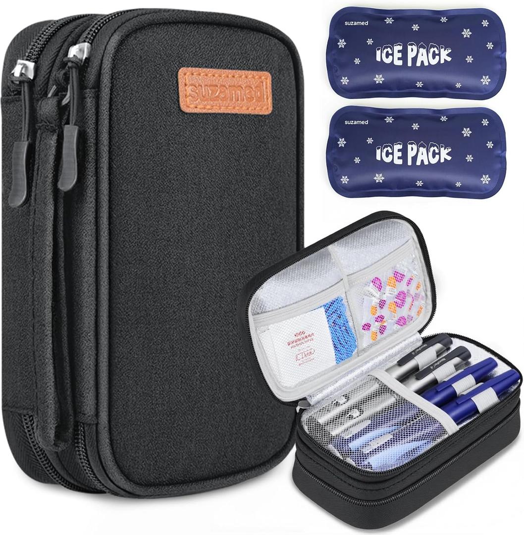 suzamed Insulin Cooler Travel Case, Double Layer Medicine Kit Diabetes Travel Case, Portable Medicine Organizer with 2Pack 150g Ice Pack TSA Approved for Insulin Pens Diabetic Supplies (Black)