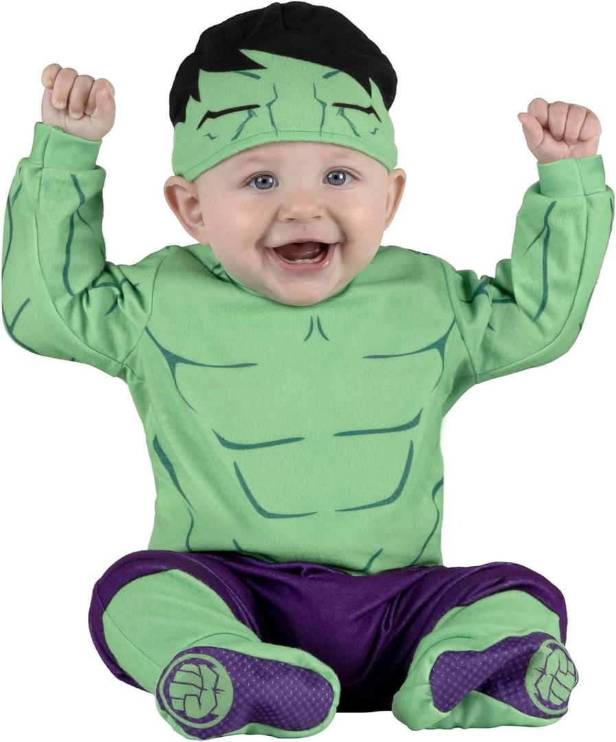 Marvel Hulk Official Infant Halloween Costume - Premium Quality Minky Fabric Jumpsuit and Non-Slip Booties, 6-12m