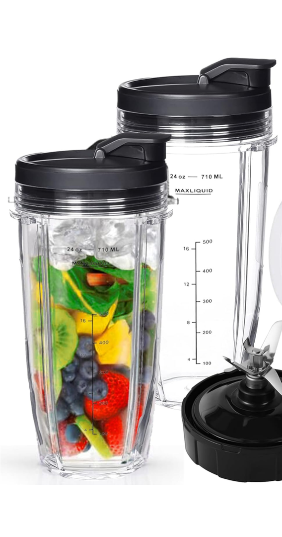 Ninja Blender Cups Replacement, 24oz Ninja Blender Cups with To-Go Lids, 7 Fins Extractor Blade, Compatible with Nutri Auto iQ Blenders BL2012 BN801 BL480-30 BL640-30 BL642-30 NN100-30 BL450