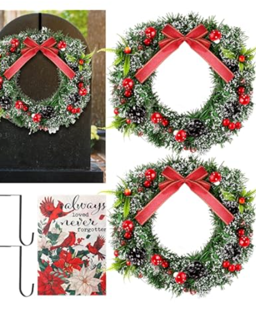 Norme 2 Pack Christmas Memorial Cemetery Wreath for Graves with Garden Flag 12.6in Xmas Grave Wreath Outdoor Cemetery Funeral Flower Stand for Memorial Day Winter Gravestone Decoration