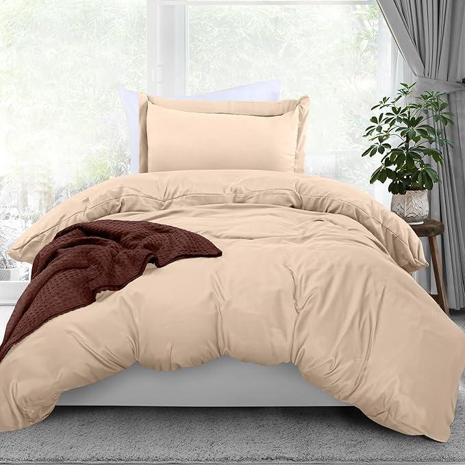 Bedding Duvet Cover Twin Size - 2 Piece with Zipper Closure - 1 Comforter Cover 68X90 Inches & 1 Pillow Sham 20X26 Inches (Beige)