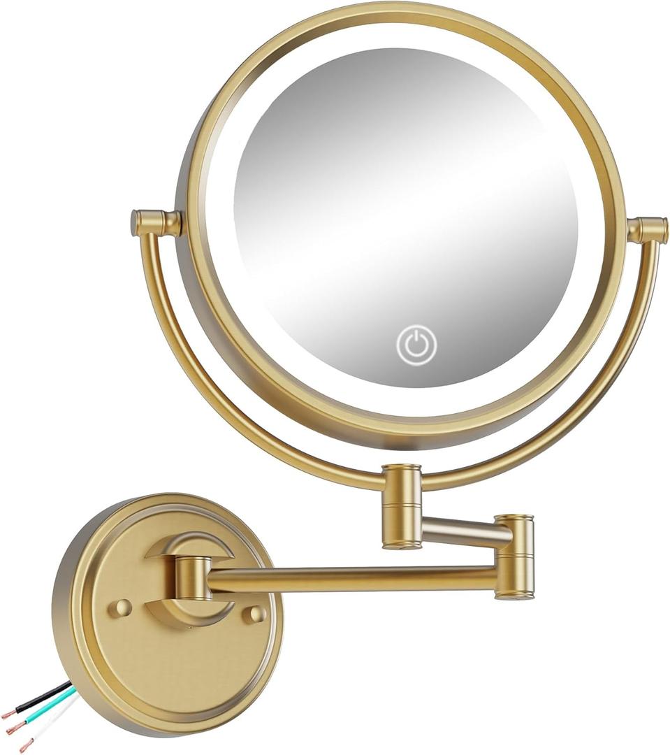 10" Wall Mounted Makeup Mirror with Light and Magnification, 3 Color LED, 1X/5X Wall Mount Magnifying Mirror with Extension Arm Gold for Bathroom, Hardwired, Brushed Moderne Brass