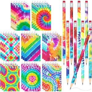 Honoson 48 Pcs Mini Tie Dye Notepads for Kids Pocket Little Notepads Spiral Mini Notebooks, Small Note Pads and Pencils Bulk for Classroom School Tie Dye Birthday Party Favor Art Supplies(Bright)