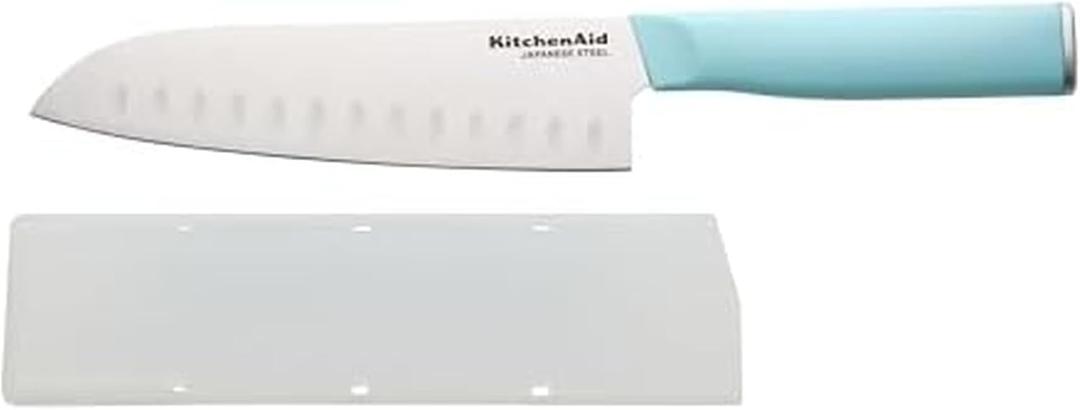 KitchenAid Gourmet Forged Santoku Knife with Custom-Fit Blade Cover, Sharp Kitchen Knife, High-Carbon Japanese Stainless Steel Blade, 7 Inch, Blue